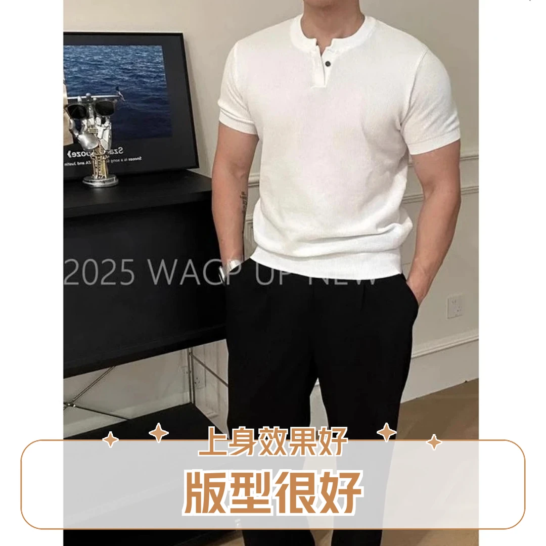 2025亨利领短袖针织衫男肌理感英伦商务上衣轻奢冰丝高级感polo衫