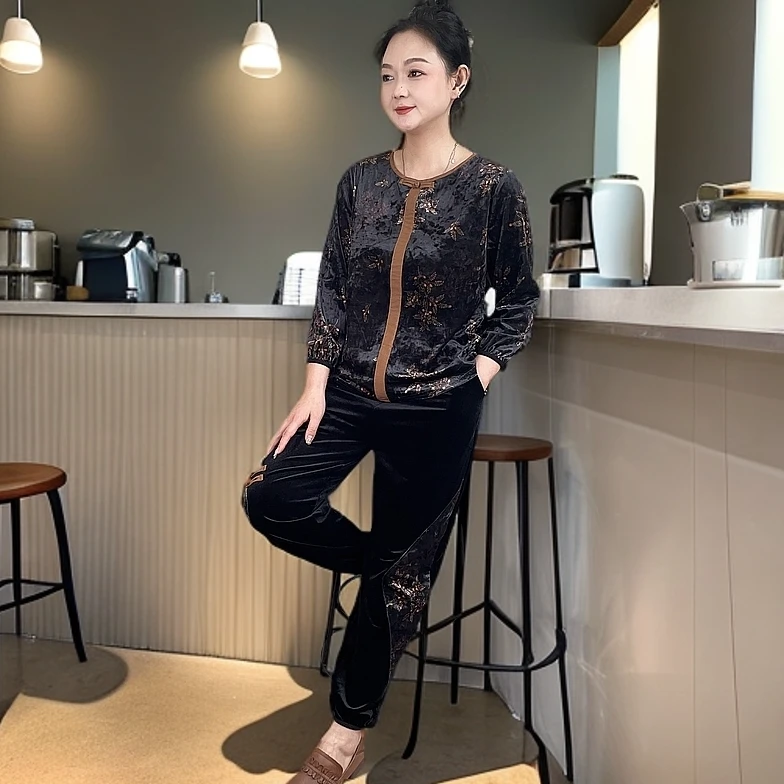 妈妈装时尚套装休闲洋气减龄百搭韩版长袖春秋季二件套中老年女装
