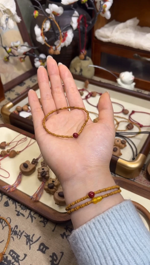 手串桃核【桃缘行】竹节「红色莎莎」桃木桃核辟、挡、驱、护 备注手围