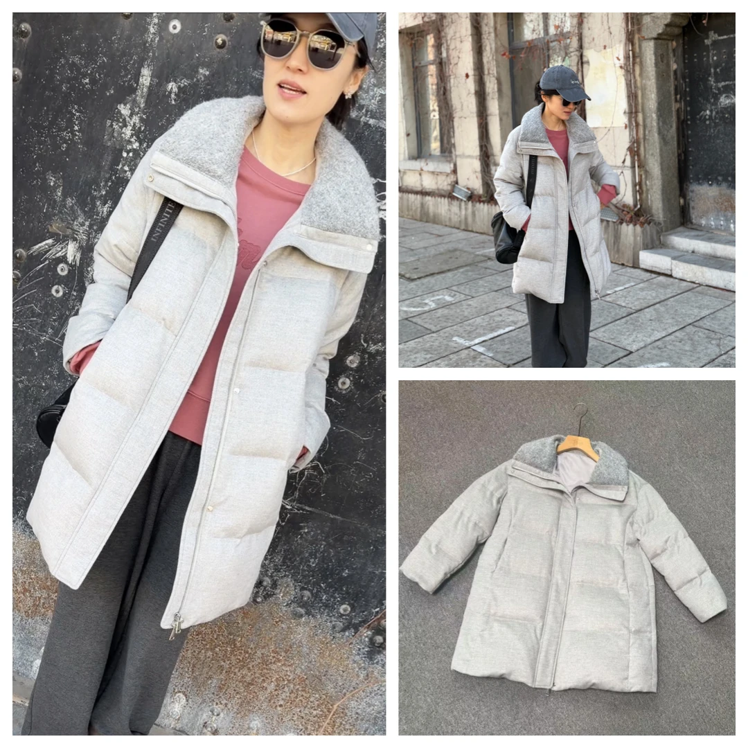 无垠海岸 羊毛领浅灰鹅绒服