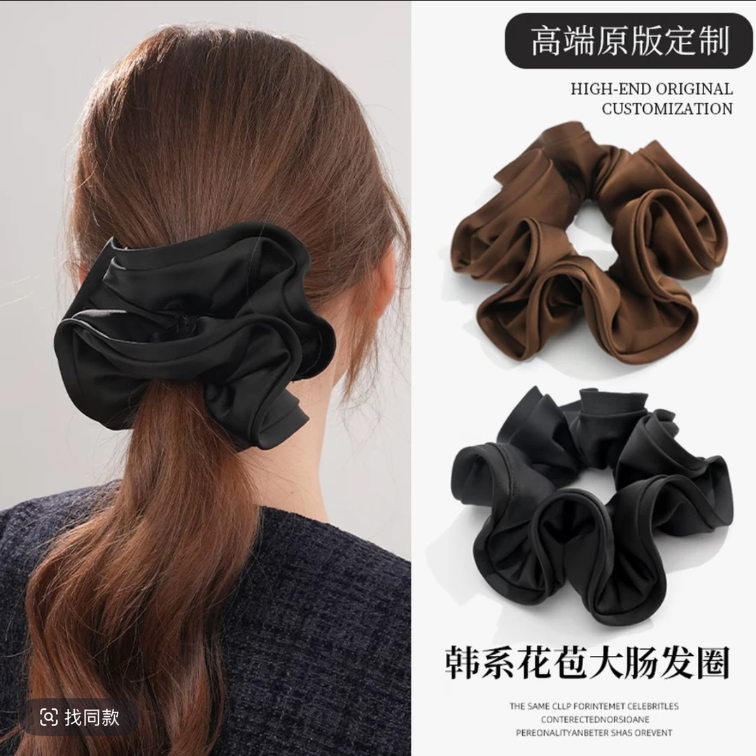 日韩缎面木耳边发圈黑色原创设计发绳小香风头饰简约大肠发圈