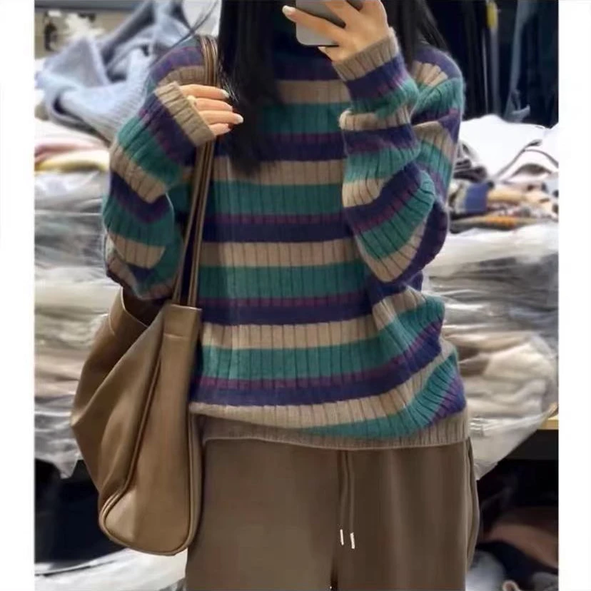 1805单色条纹撞色堆领毛衣库存少