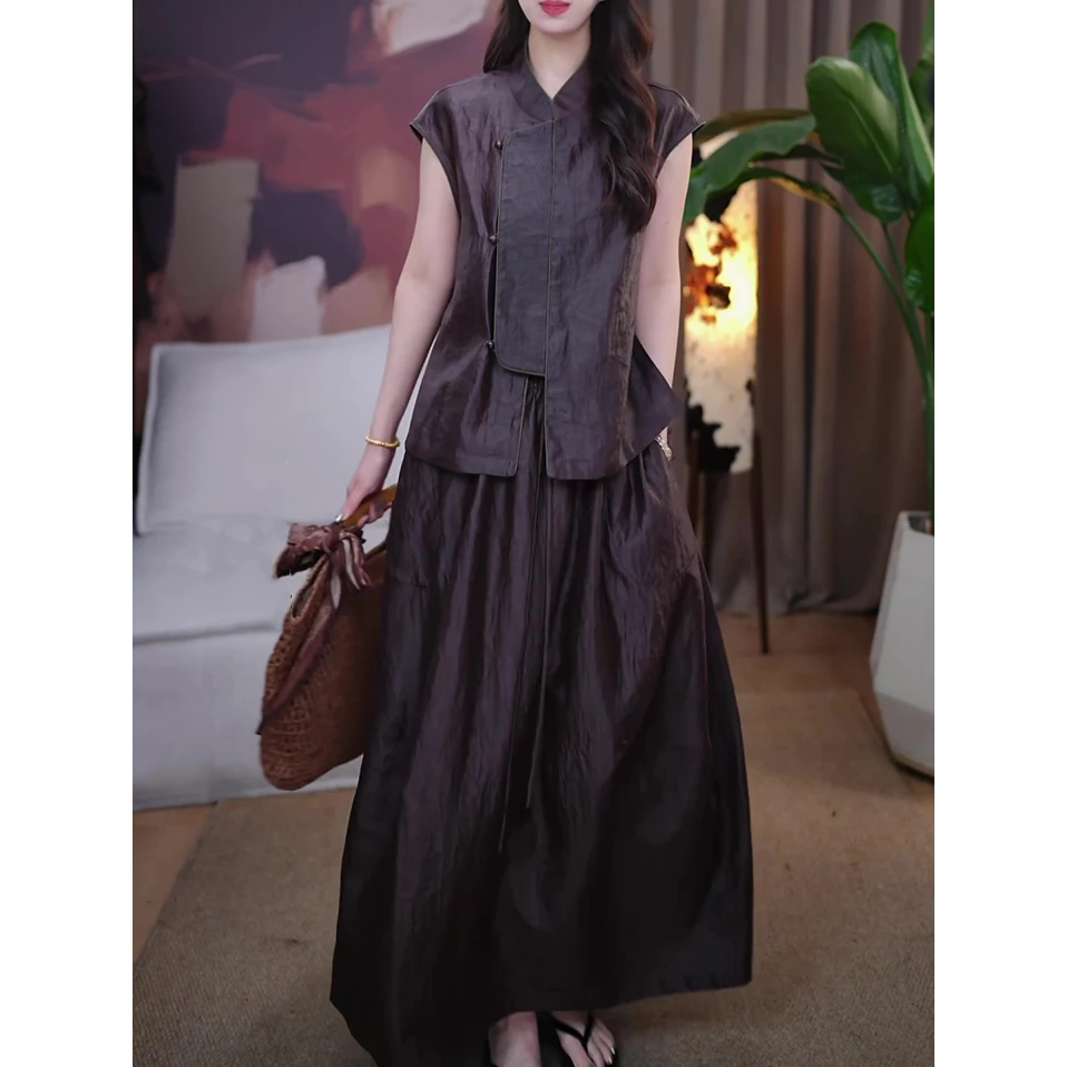 新中式复古文艺套装女2025夏装新款休闲百搭显瘦衬衫+半裙两件套