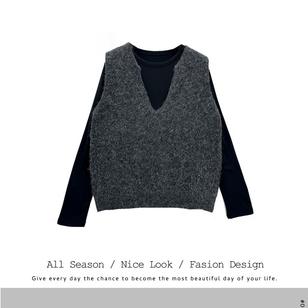 764   亮片时尚马甲内搭真两件轻奢气质长袖宽松显瘦两件套#0331