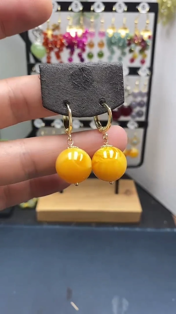 银S925镀金镶嵌蜜蜡耳饰尺寸16mm耳扣06