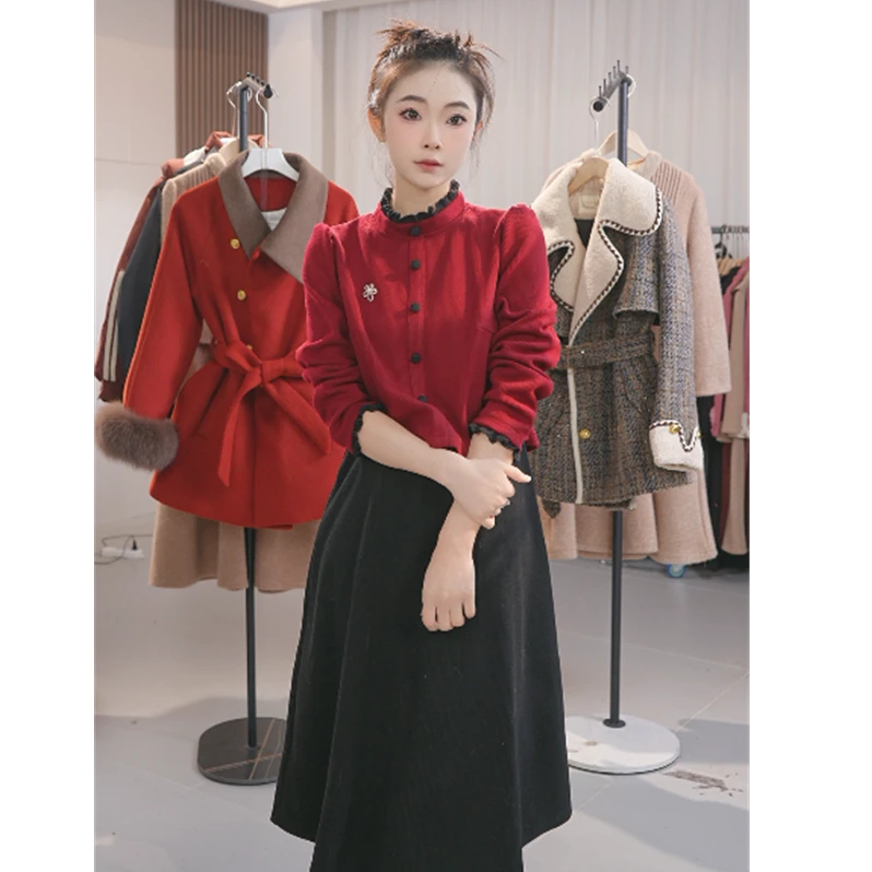 Y1750阔太太洋气高贵连衣裙2025新款长袖遮肉红色假两件套裙子