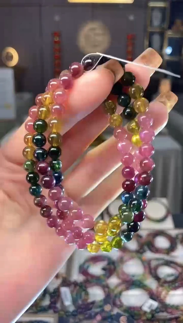 未镶嵌老矿碧玺色标彩虹三圈手串6mm+碧玺dan多样性发货一条