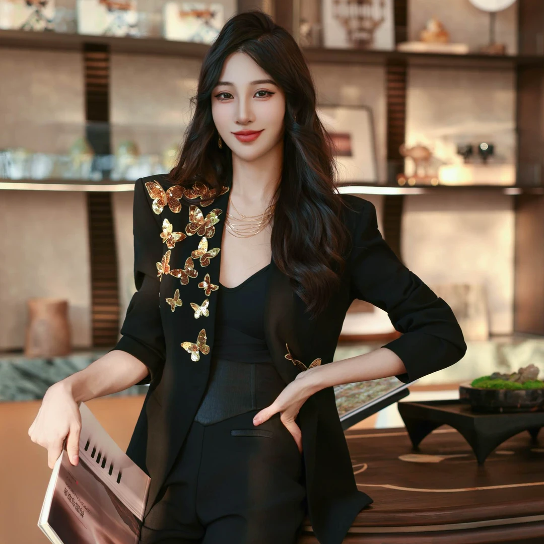 MD进进原创【莺歌蝶舞】2025早秋气质时尚西装百搭重工亮片蝴蝶外套