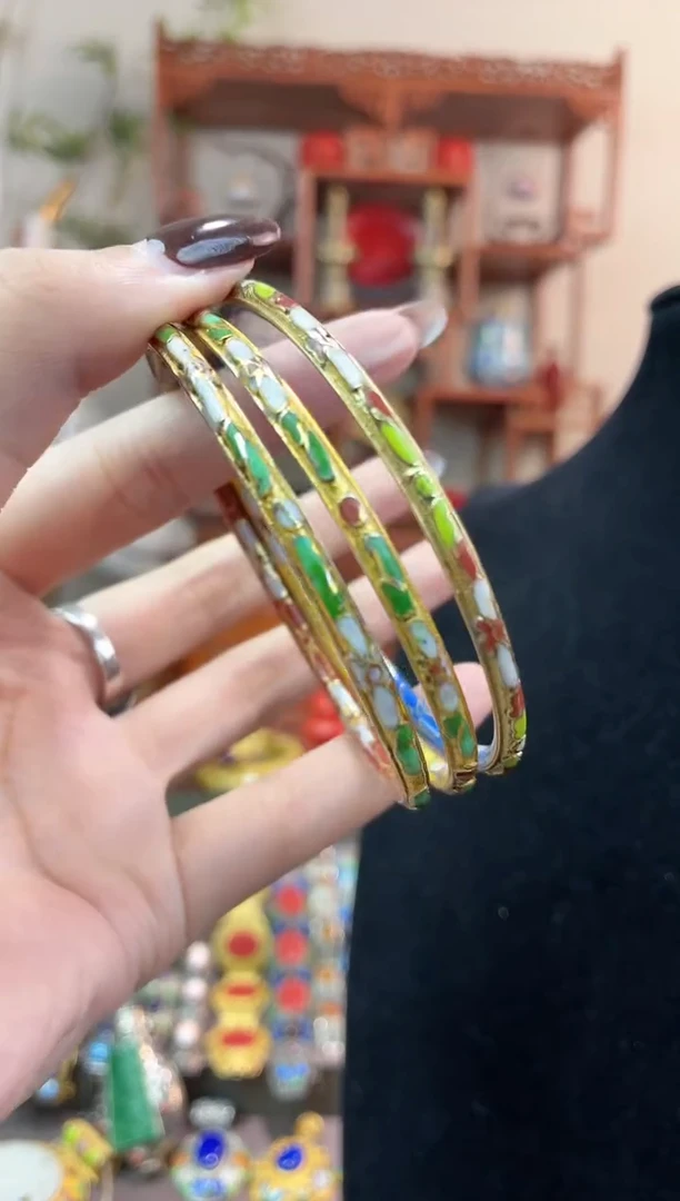 非遗手工景泰蓝金地细镯子三个