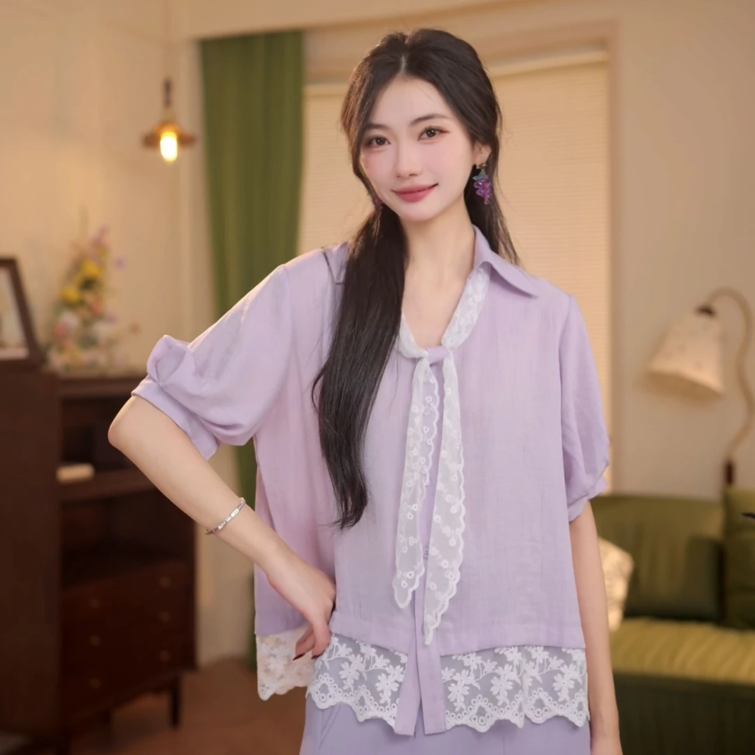 丁佳欣【霞光】夏季拼接短袖衬衫女宽松休闲上衣DS1116200