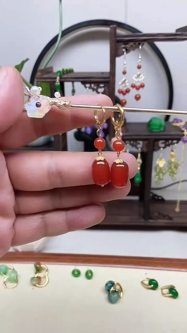 南红玛瑙14K金镶嵌耳饰81号