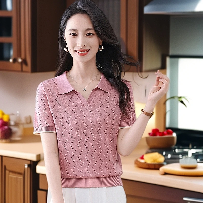 POLO领镂空小衫气质减龄夏装短袖T恤好看百搭短款上衣2025年新款