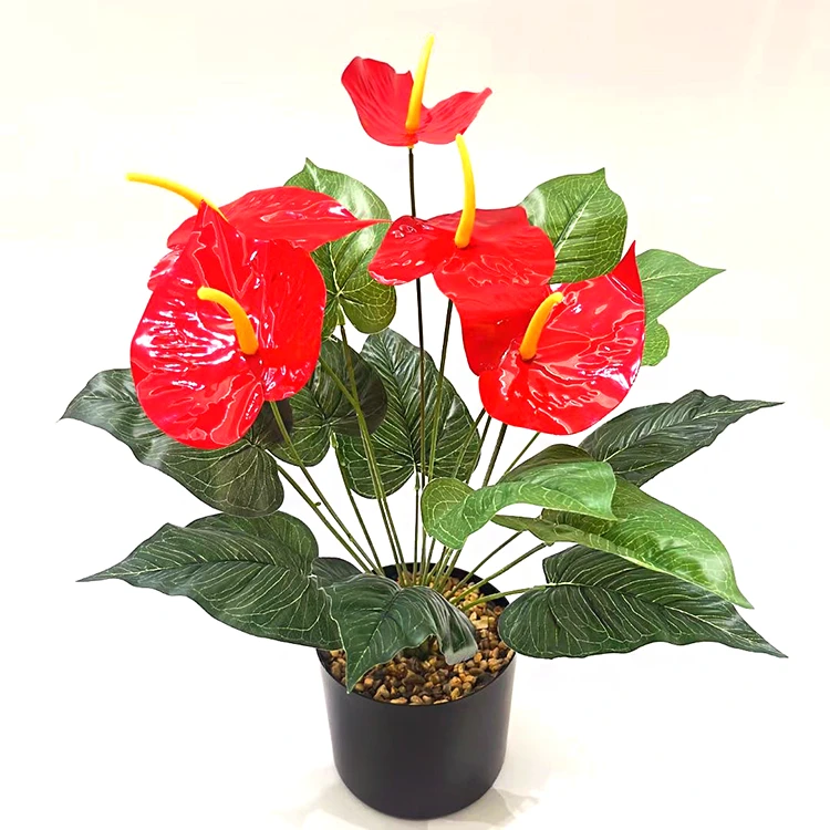 仿真花大红掌盆栽假花大叶花卉室内家居假绿植四季假花龟背叶