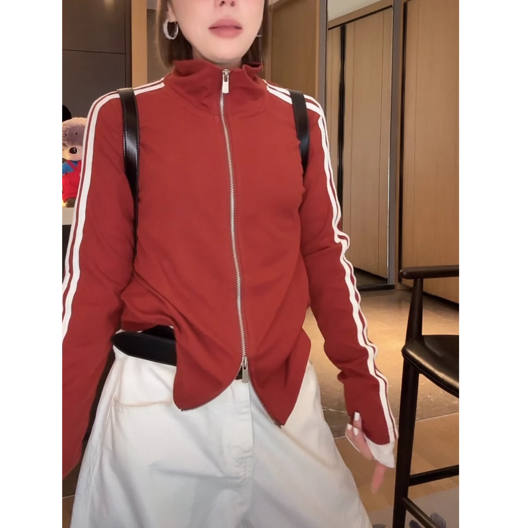 设计感条纹拼接立领双拉链外套女2025新款休闲百搭显瘦开衫上衣