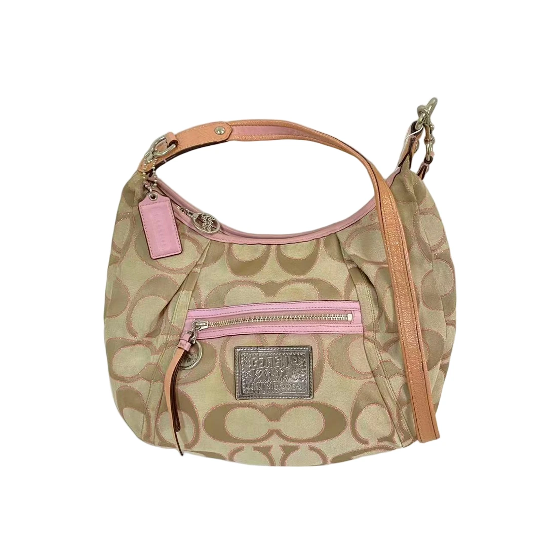 95新 COACH/蔻驰 经典老花帆布拼皮斜挎包单肩中古SH-31059-A印花