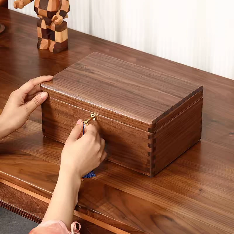 北美黑胡桃木复古开盖款收纳桌面收纳盒家用收纳箱带锁储物百宝箱