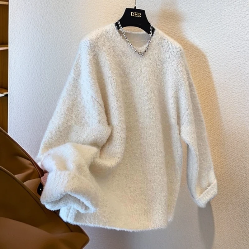 GiftPalm秋季白色盐毛圈绒温柔软糯宽松毛衣针织衫慵懒风上衣加厚