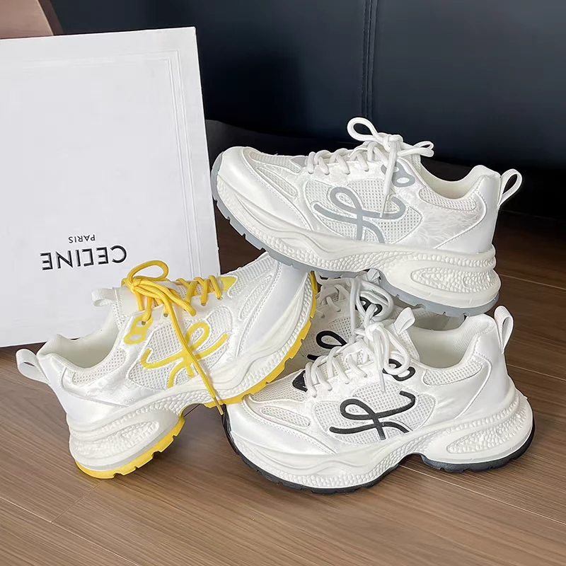 2503网面透气休闲老爹鞋女2025年夏季新款厚底黄色跑休闲步运动鞋