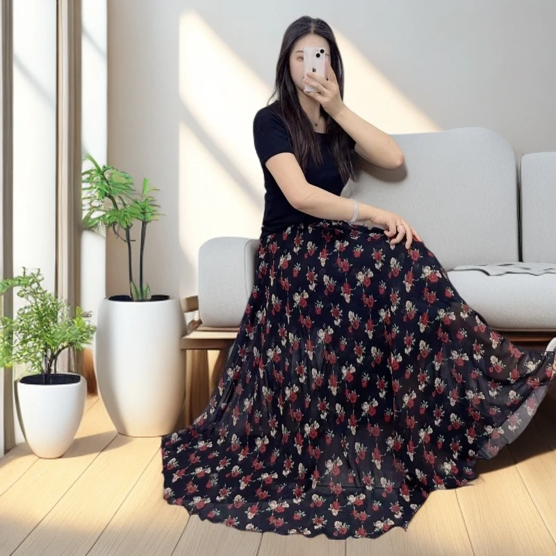 碎花A字裙常规松紧腰显瘦半身裙大摆时尚中长款夏季沙滩高腰印花