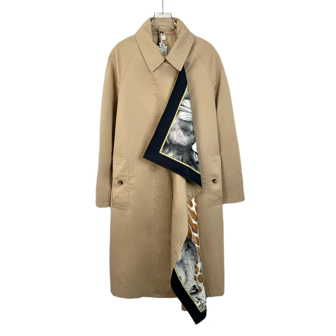 全新未使用 BURBERRY/博柏利 棕色丝巾拼接风衣外套/H13401