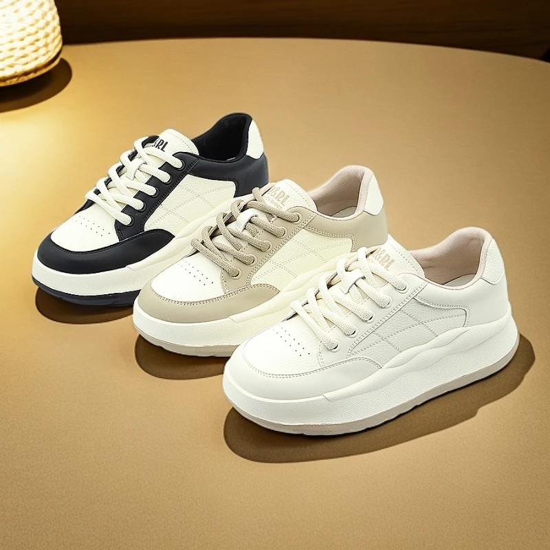 2025新春真皮潮鞋韩版系带低帮圆头4CM女鞋舒适软底小白鞋