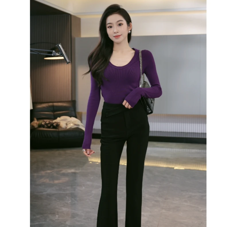 MN【紫黛奢旅】葡萄紫U领针织衫女秋冬款法式复古修身显瘦专属