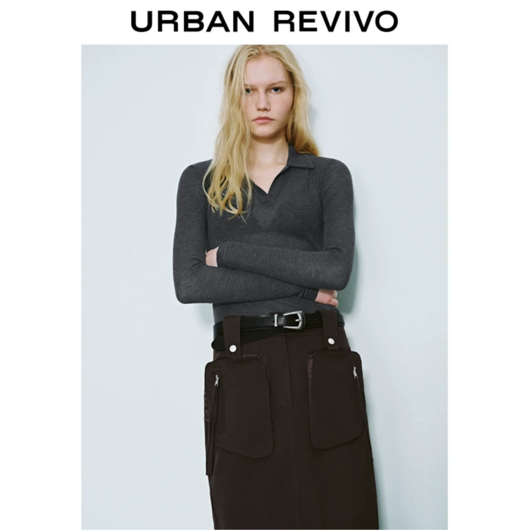 UR2025春季新款女装欧若风简约格雷系Polo领修身长袖T恤UWM450006