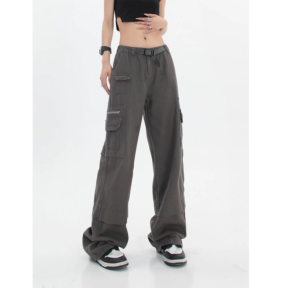 小众时尚工装裤潮流百搭宽松欧美风长裤牛仔裤女高腰口袋773071#