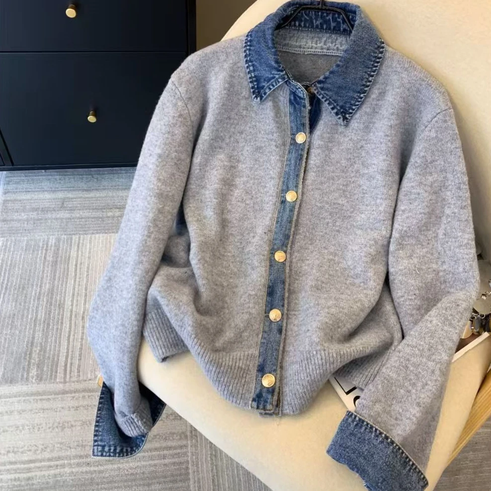 洋气牛仔衬衫领假两件毛衣女秋冬季新款韩系高级感设计百搭外套