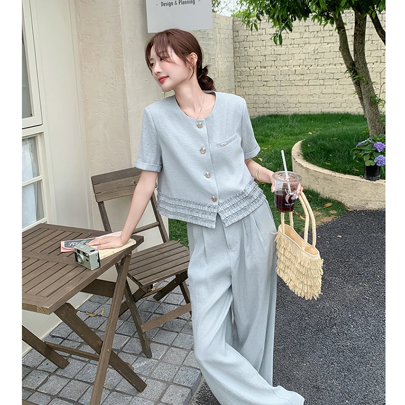 N松弛感套装女3133夏季新款设计感木耳边上衣高腰阔腿裤两件套