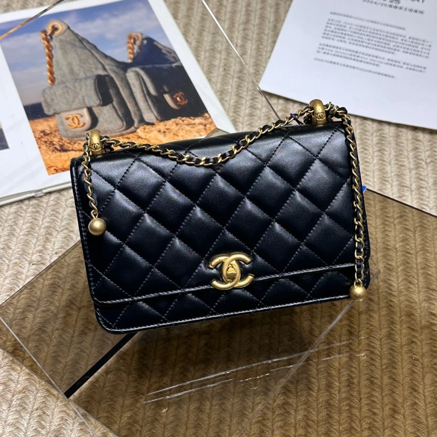 99新 Chanel/香奈儿 25s 黑金牛皮双金珠woc 单肩斜挎包