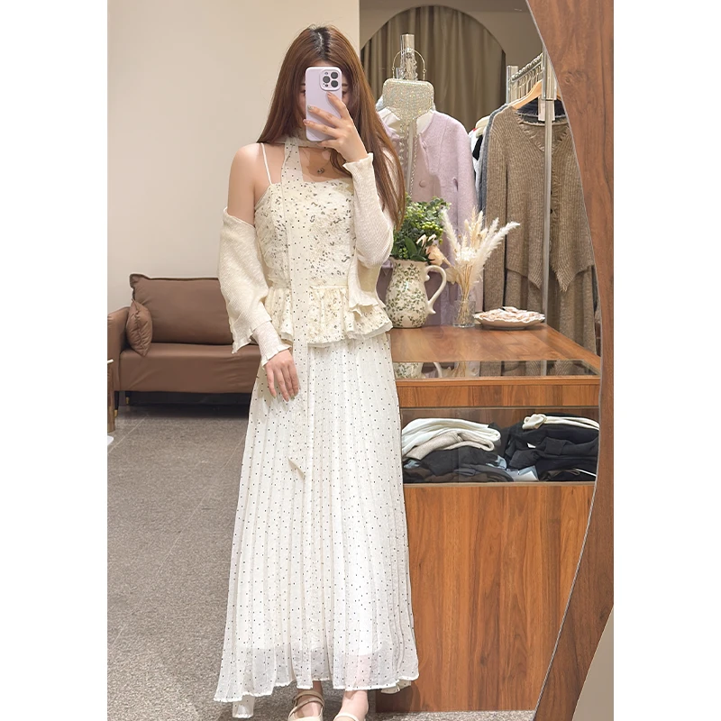 韩版春夏杏色裙子女小个子高腰修身显瘦波点半身长裙配飘带半身裙