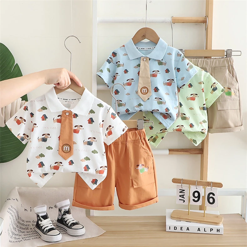 小狗印花领带儿童夏季新款套装韩版休闲