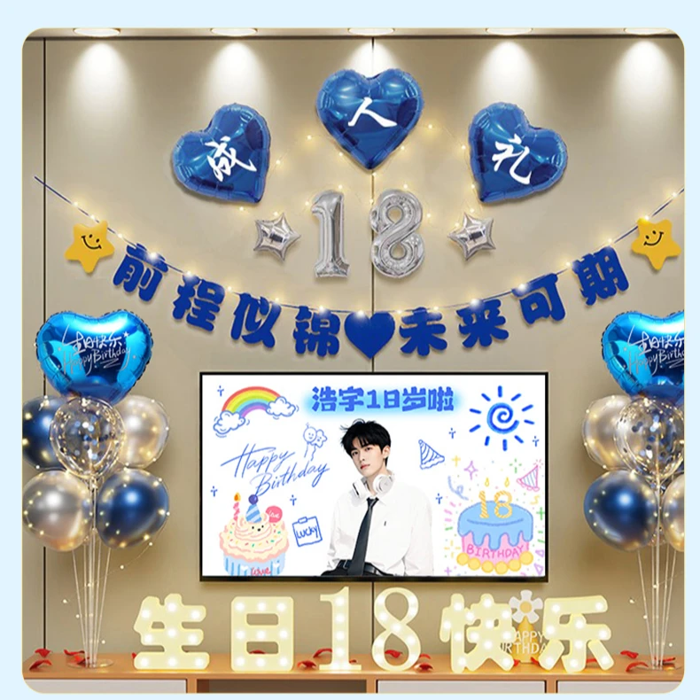 男女孩18岁成人礼生日派对场景布置气球装饰12岁仪式感投屏背景墙