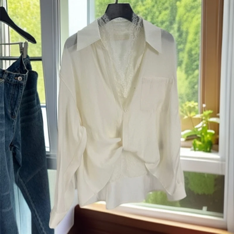 精致蕾丝背心搭配长袖衬衫两件套轻熟风气质百搭上衣
