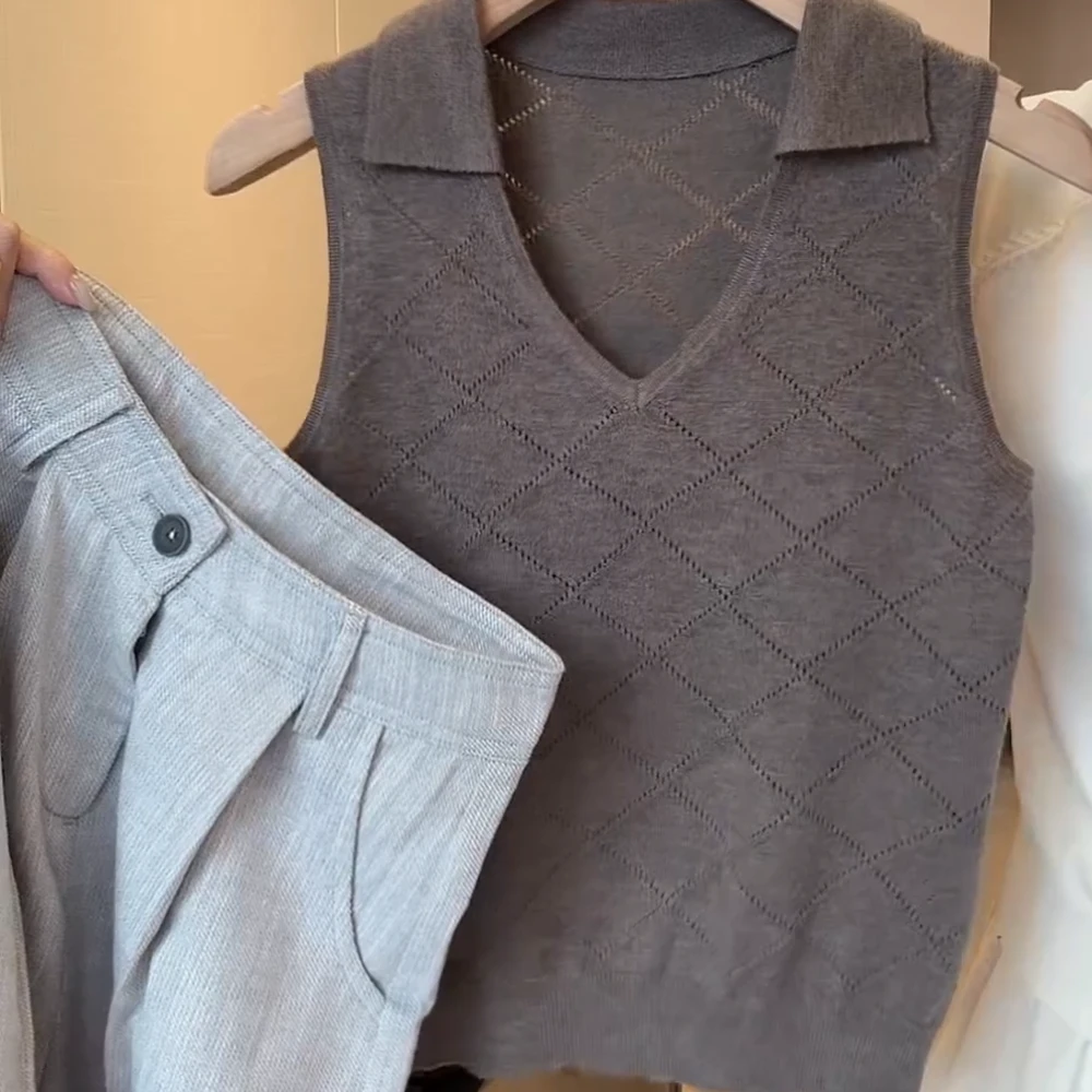 复古翻领无袖针织背心女C5740