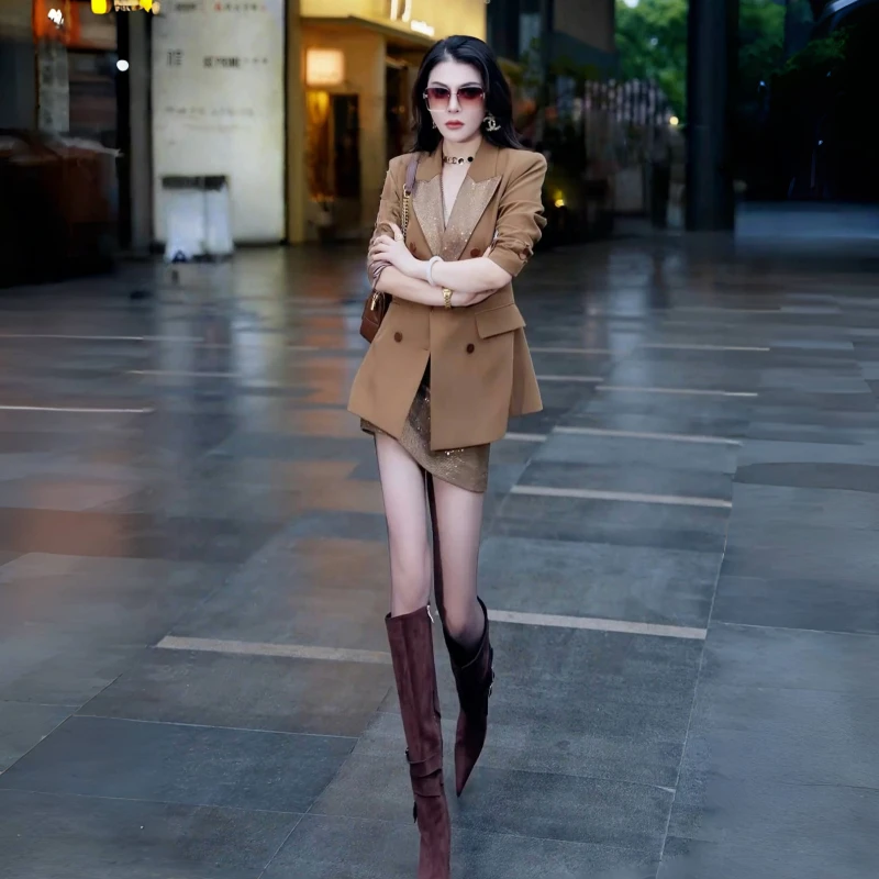 镶钻西装外套纯色静奢风欧美风印花插肩袖西装炸街小西装卡其洋气