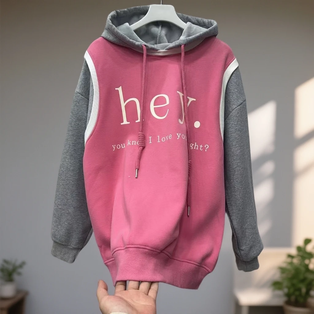 2051#【衣长68左右】秋冬假两件拼接撞色字母印花连帽加绒休闲卫衣