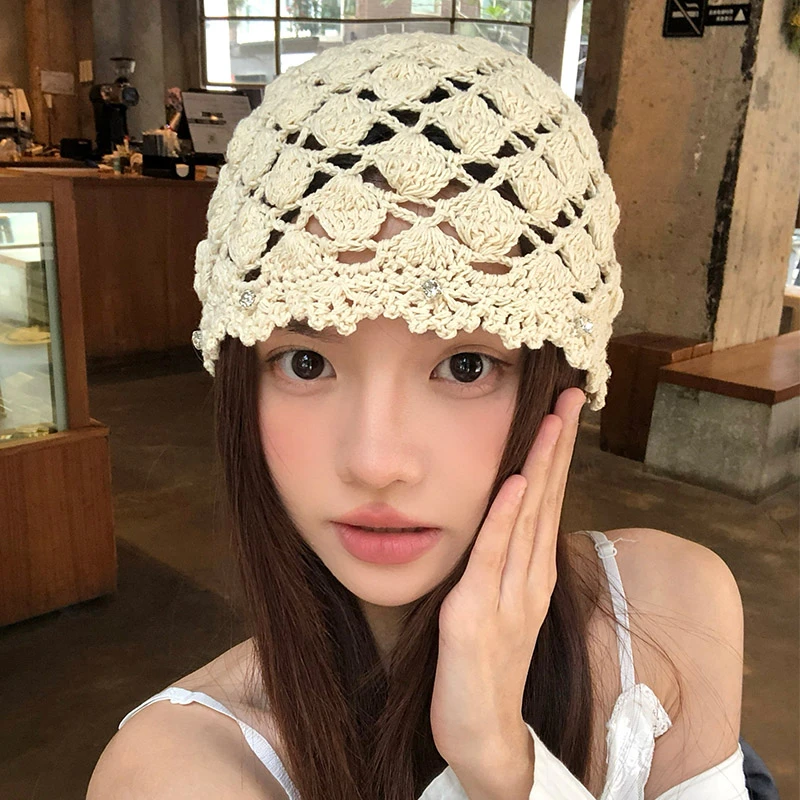 镂空包头帽女款夏季薄款手工编织帽显脸小套头针织毛线帽子女夏天