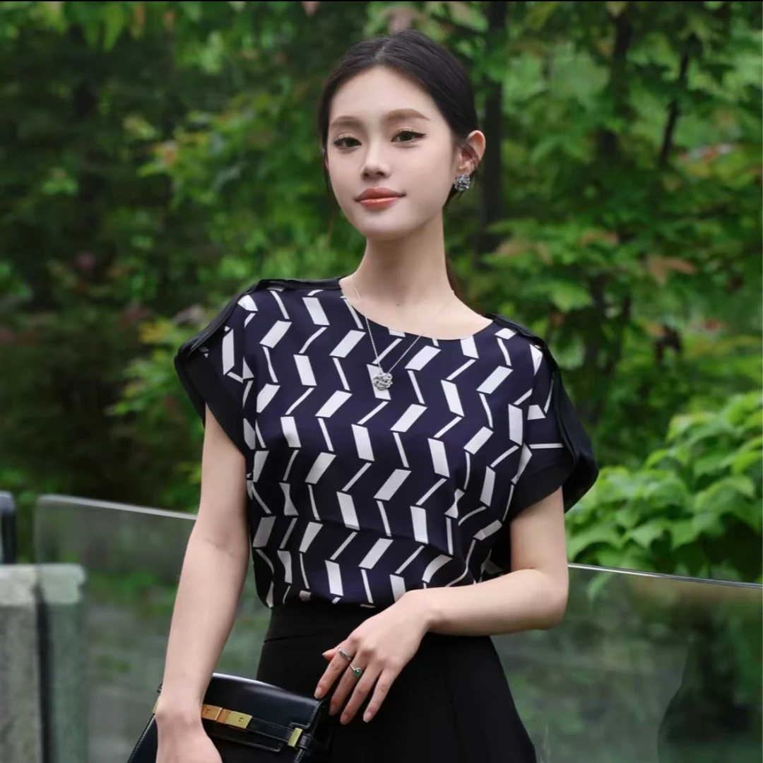 哥弟品质女装夏装经典简约时尚印花设计感小飞袖短袖T恤女1300983