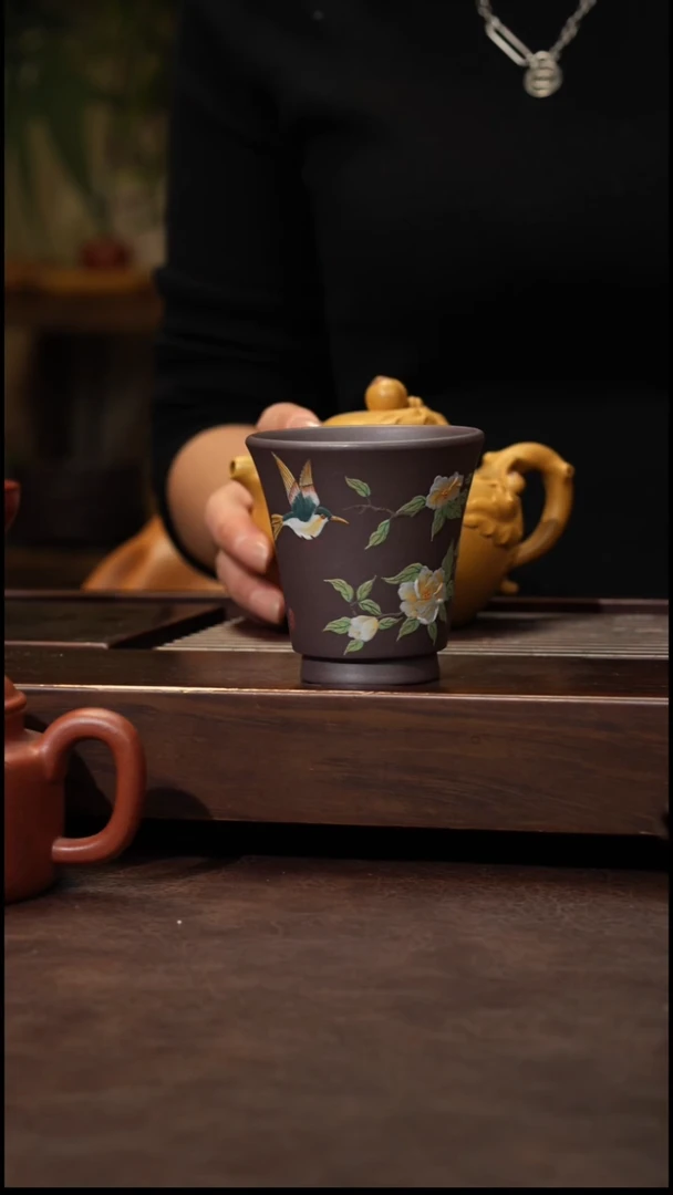 茶壶紫砂天青泥绘牡丹杯