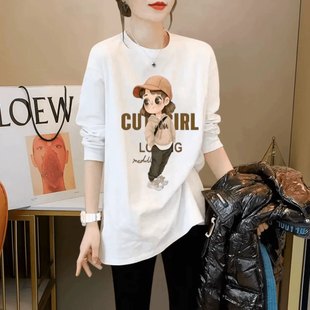 纯棉春秋新款印花长袖T恤大码女装内搭韩版打底衫宽松中长款上衣