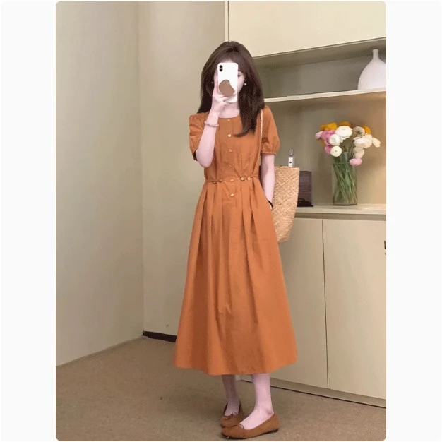 高级感法式橘色短袖连衣裙女春夏修身显瘦中长款休闲百搭气质裙子