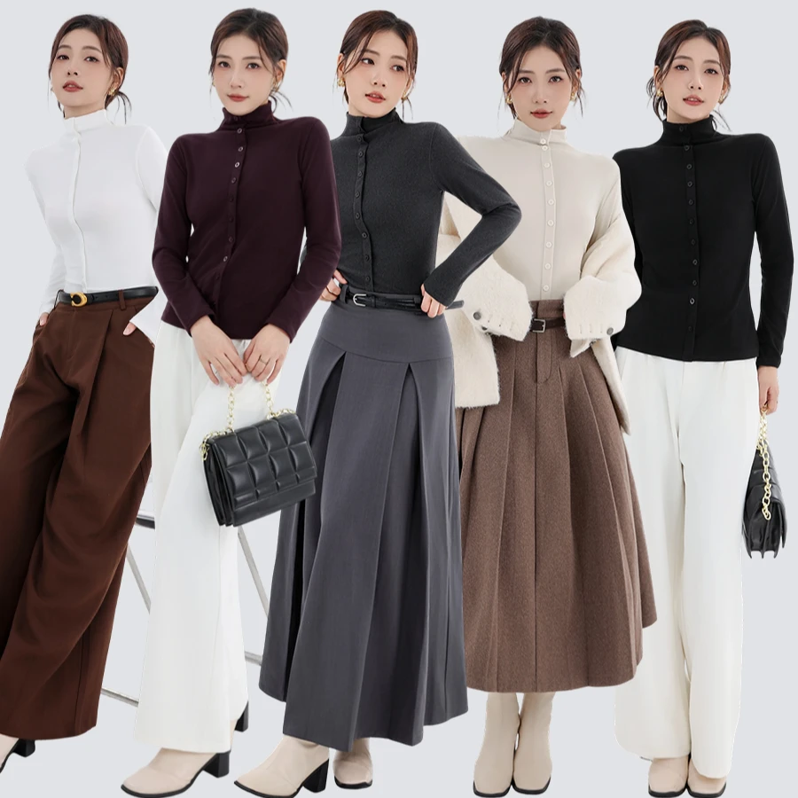 排扣半高领磨毛双面绒打底衫1639