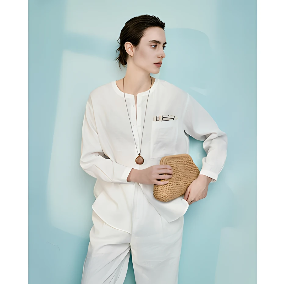 初棉【老钱圆领】法国麻廓形长袖全亚麻衬衫落肩宽松衬衣363604014