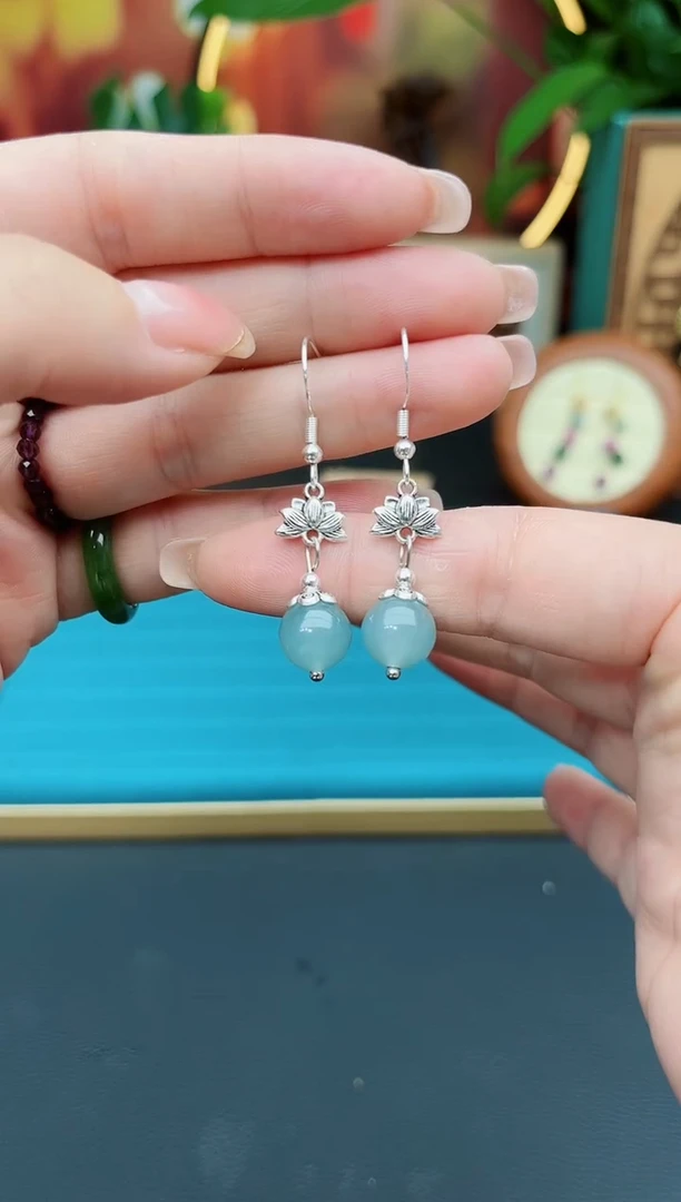 石英质玉（天山翠）银S925镶嵌耳饰237000