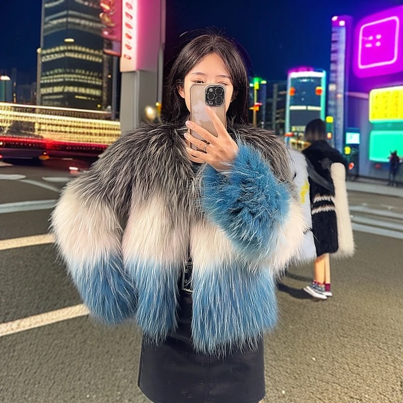 貉子毛渐变拼色编织外套女时尚年轻款