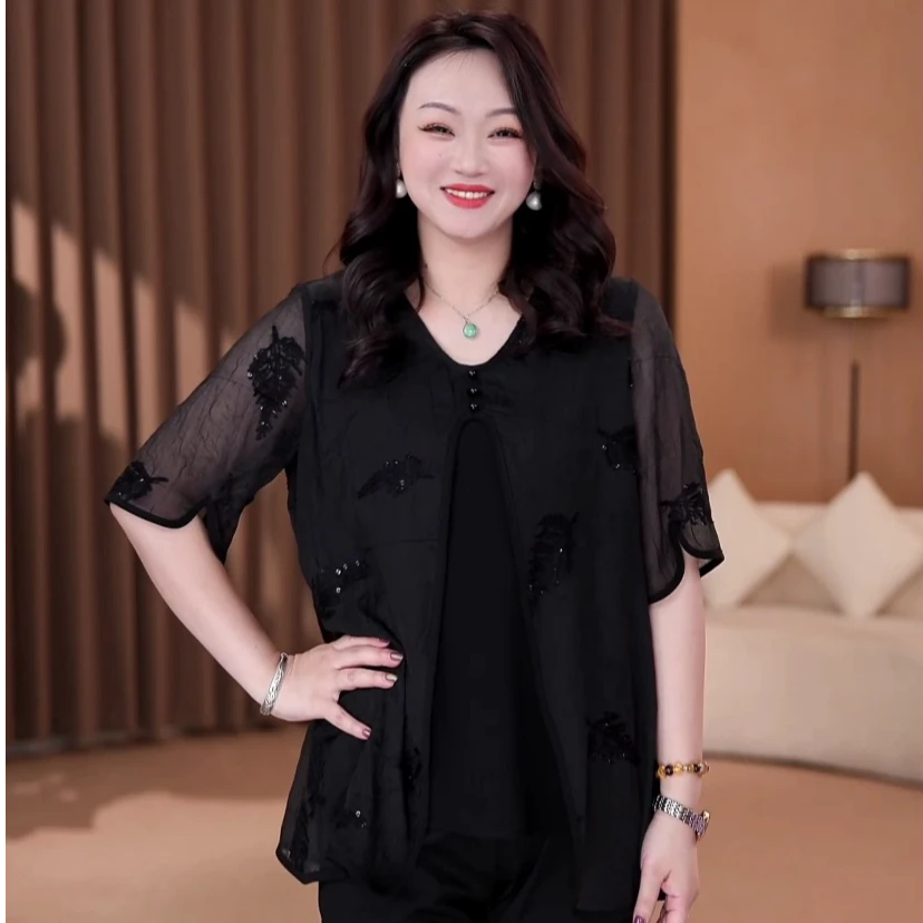 苏迷大码女装新款开叉V领衬衫时尚气质显瘦中国风上衣女ZB7189