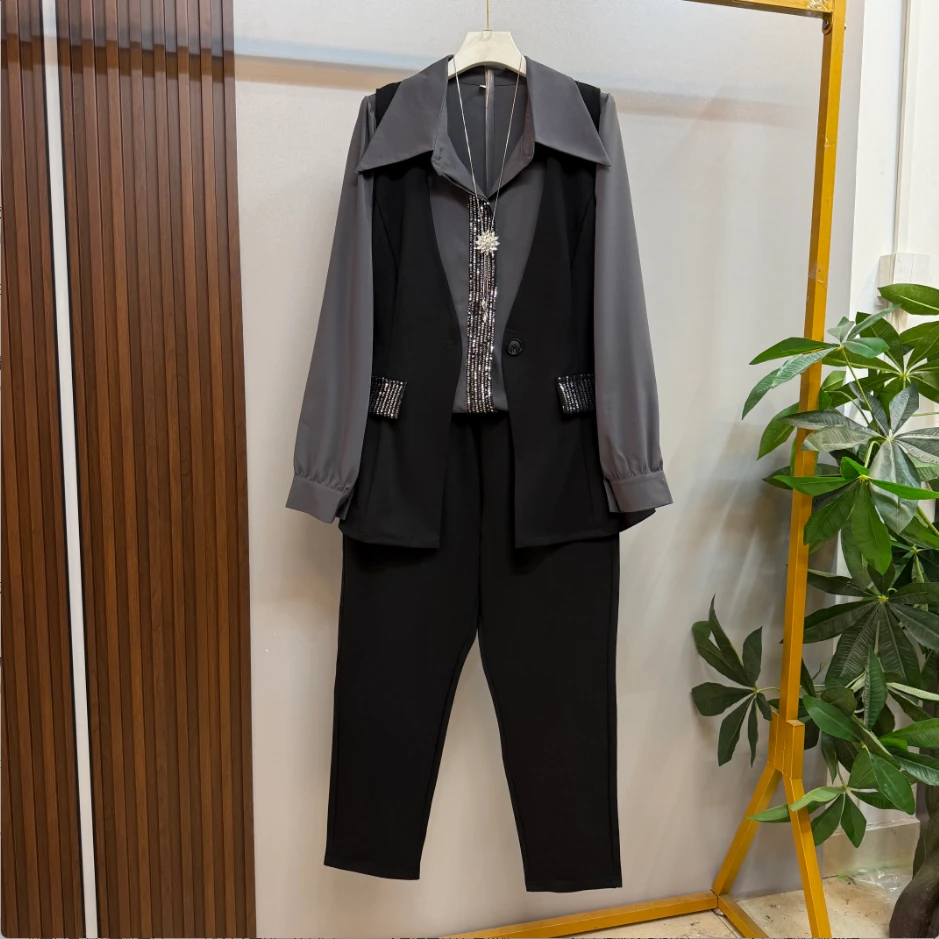 早秋新款时尚气质长袖减龄重工亮片拼接马甲三件套套装