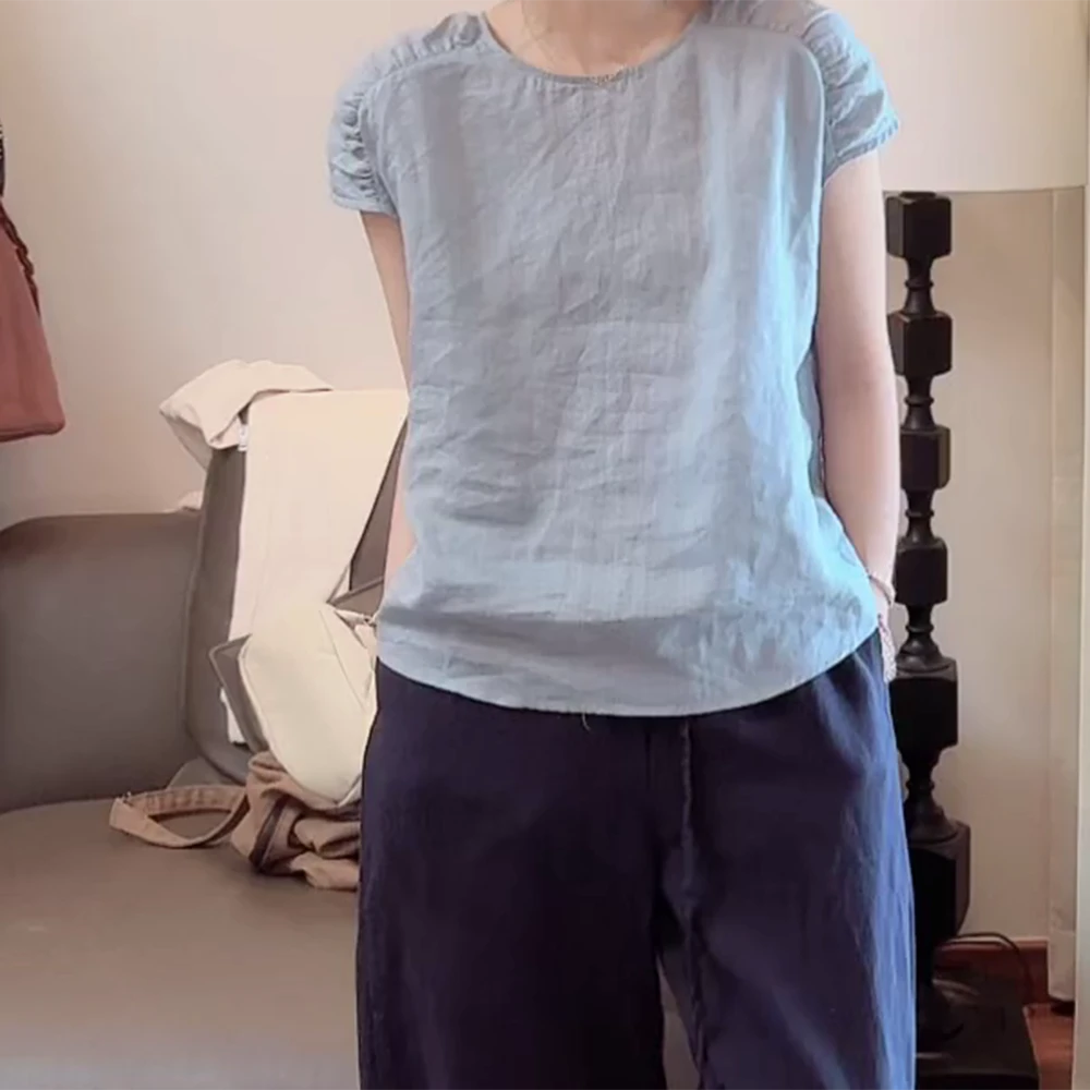 天然苎麻圆领捏褶飞飞袖衬衫夏季新款文艺女上衣C5372